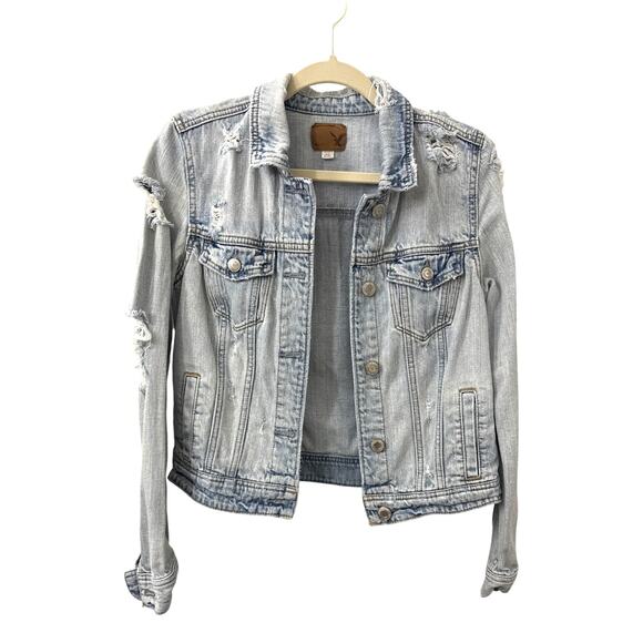 American Eagle Jean Jacket Blue Distressed Denim Button Down Size Women's Small - Picture 1 of 4